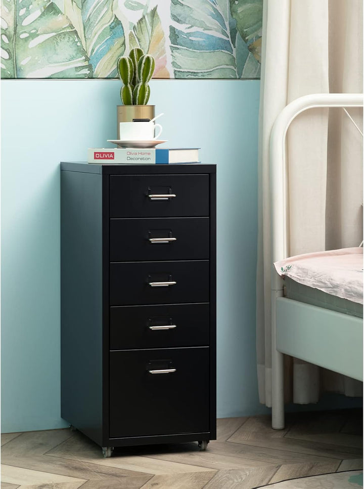HollyHOME Mobiler Aktenschrank mit 5 Schubladen, rollender Akten-Organizer, Metall-Aufbewahrungsschr