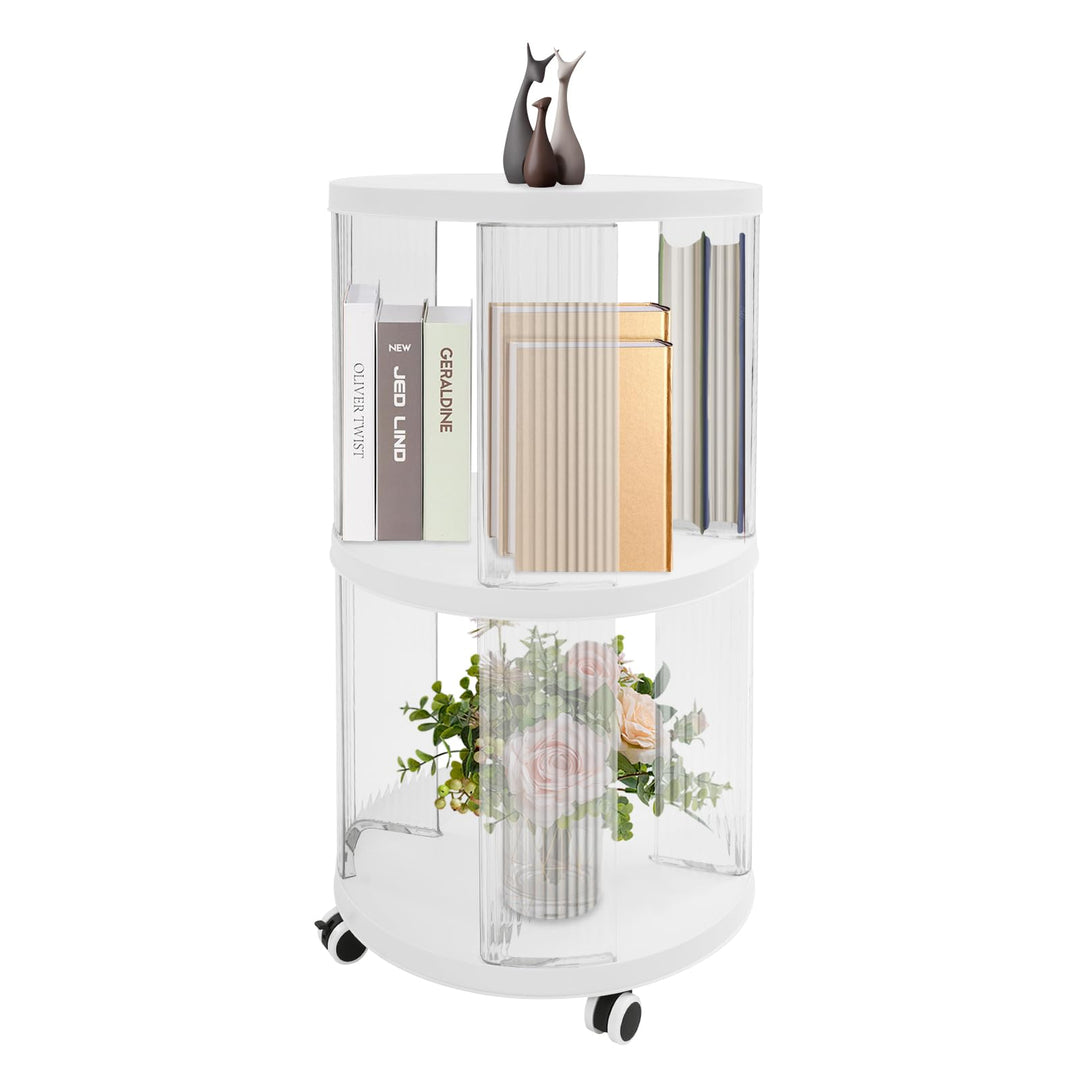 Bücherregal drehbar Klein 40,5x72,5cm Rund 2 Etagen Weiss Klar Freistehend | 4 Rollen mit Bremse ABS