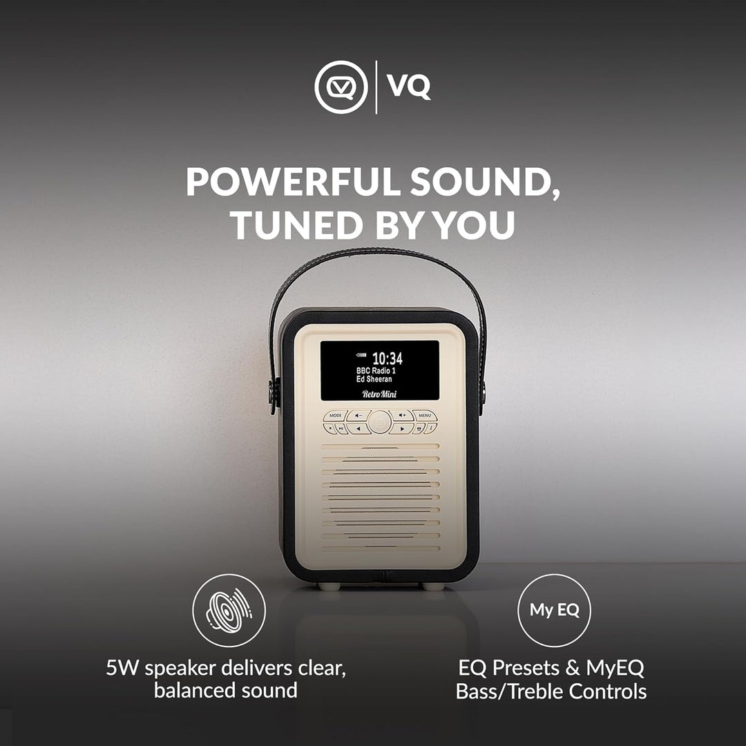 VQ Retro Mini Tragbares Radio mit Bluetooth-Lautsprecher und 60 Voreinstellungen. Enthält ein DAB-Ra