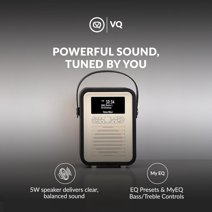 VQ Retro Mini Tragbares Radio mit Bluetooth-Lautsprecher und 60 Voreinstellungen. Enthält ein DAB-Ra