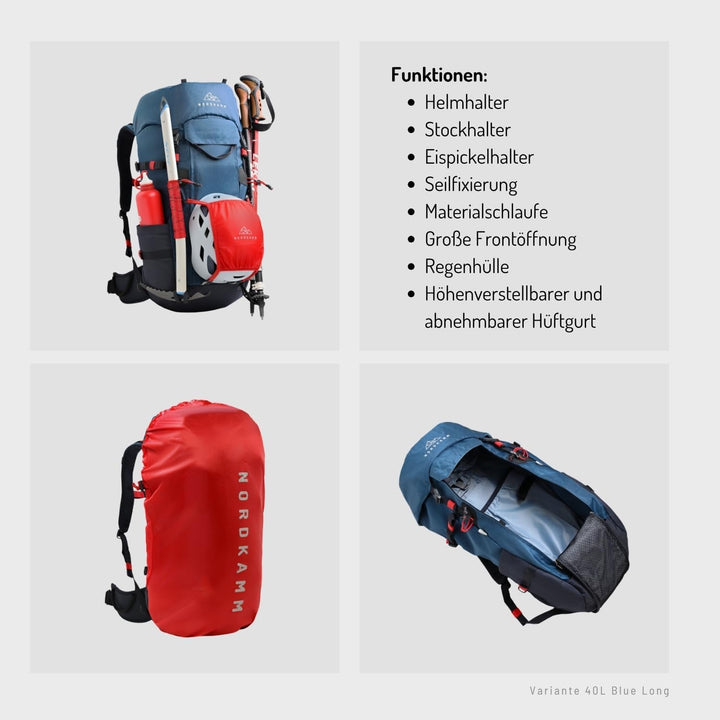 NORDKAMM Trekking-Rucksack, Backpacker Rucksack, Wanderrucksack 40l - 50l, Damen-Herren Majolica Blu