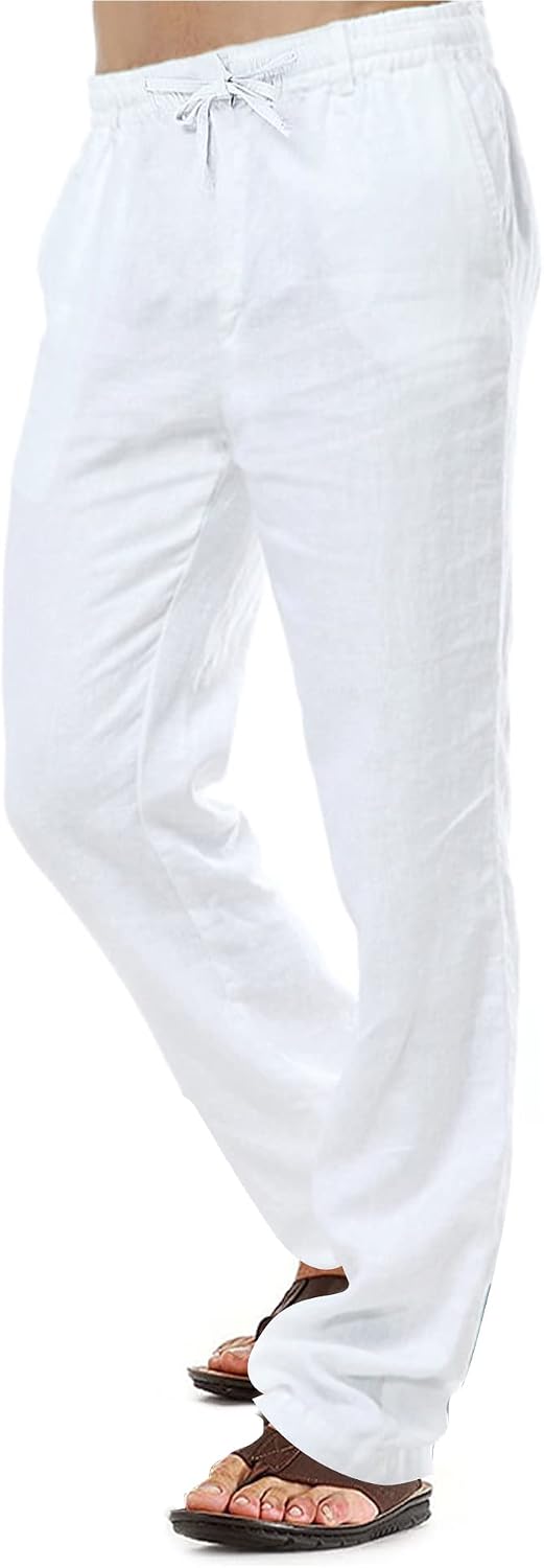 Herren-Leinenhose, lässige Baumwollhose, Sommerhose, Strandhose, leichte Hose mit Kordelzug S Weiss,