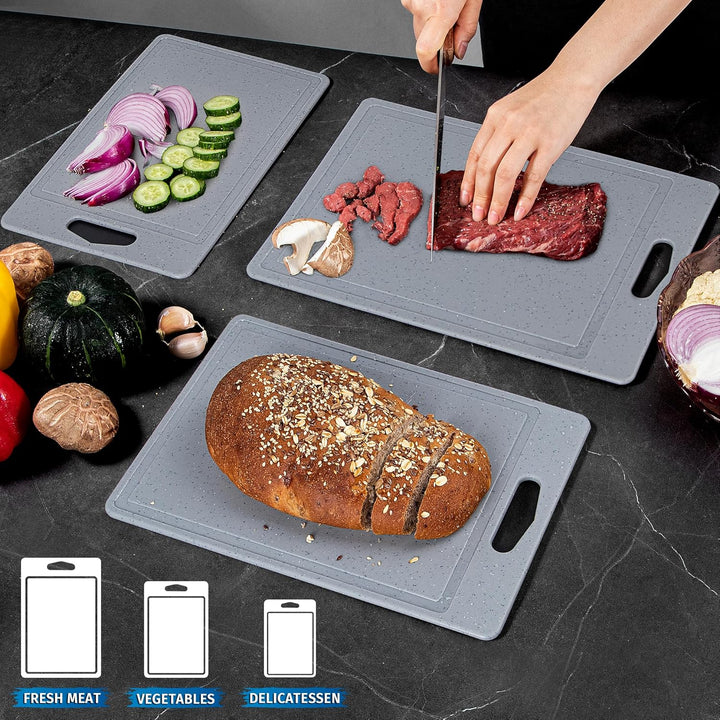 DIFULI Schneidebrett Set 3-teilig Granitoptik, 100% Rutschfeste Aufkleber und Saftkanal, BPA-Free, m