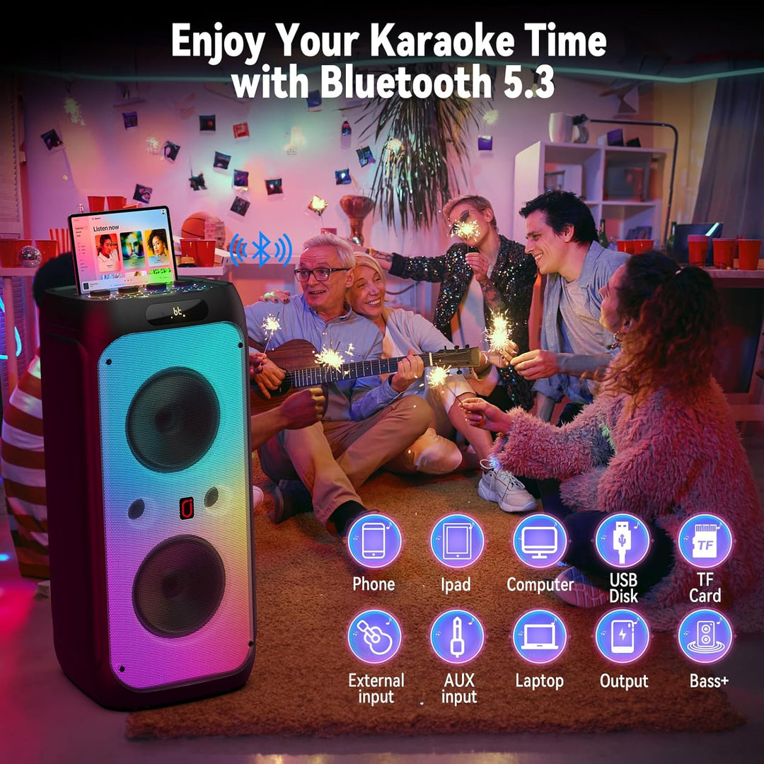 JYX Karaoke Maschine Tragbarer Bluetooth-Lautsprecher mit 2 drahtlosen Mikrofonen für Erwachsene, Ka