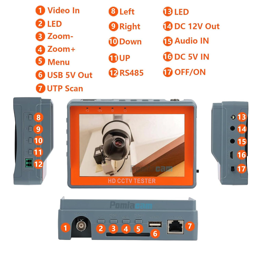 POMIACAM 4 in 1 CCTV Tester Support 720P/1080P/3mp/4mp/5mp/8MP AHD, TVI, CVI & CVBS Analog Camera, S