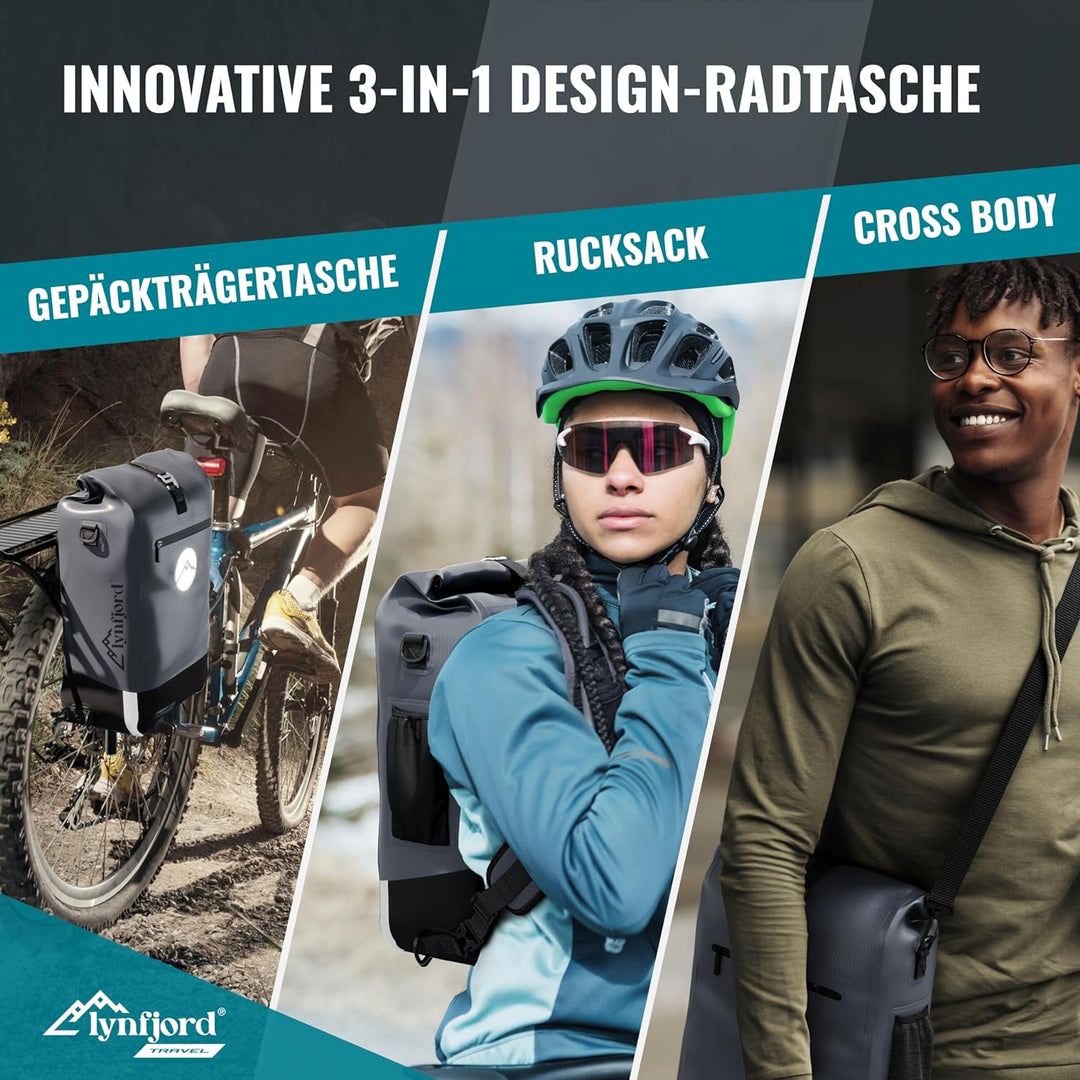 Lynfjord Travel Trek 25 Fahrradtasche 3in1 - optimierte Gepäckträgertasche, Rucksack, Cross Bag - wa