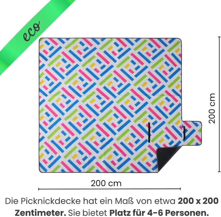 wometo eco-line nachhaltige Picknickdecke XXL 200x200 Grafik blau pink grün | 100% recyc. Fleece iso