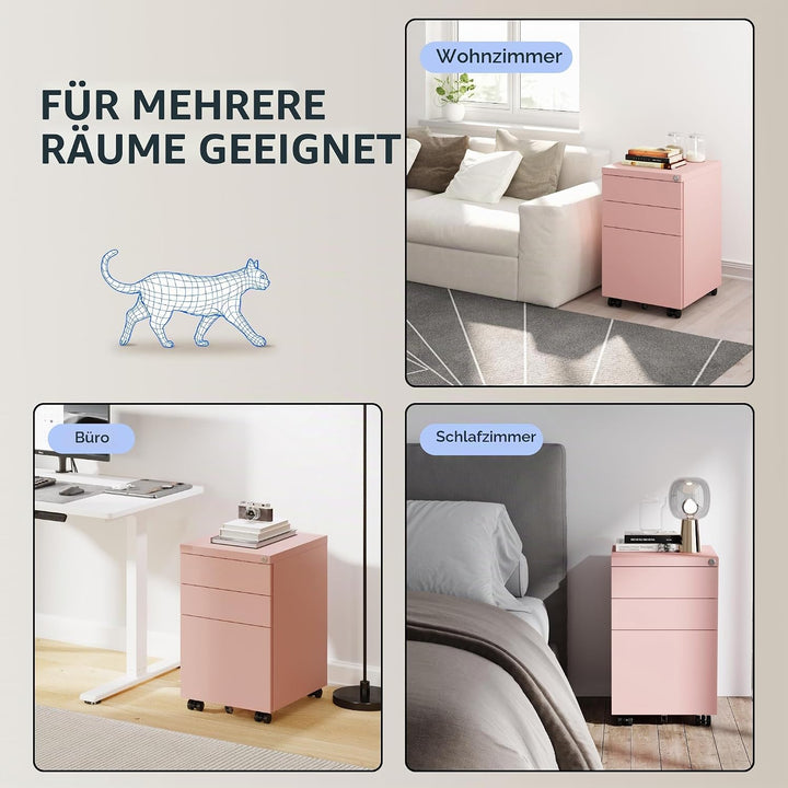 FLEXISPOT Rollcontainer kleiner Schrank mit 3 Schubladen, mobiler Aktenschrank mit Rollen, abschlies