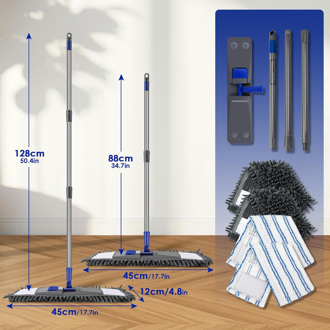Masthome Flach Bodenwischer Set,128 cm Chenille Flach Wischmopp mit 4 Wischpads,Wischer Set für Schn