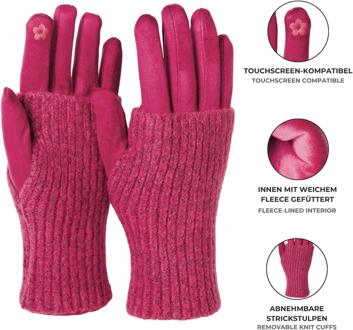 styleBREAKER Damen Touchscreen Stoff Handschuhe mit abnehmbaren Strick Stulpen, warme Fingerhandschu