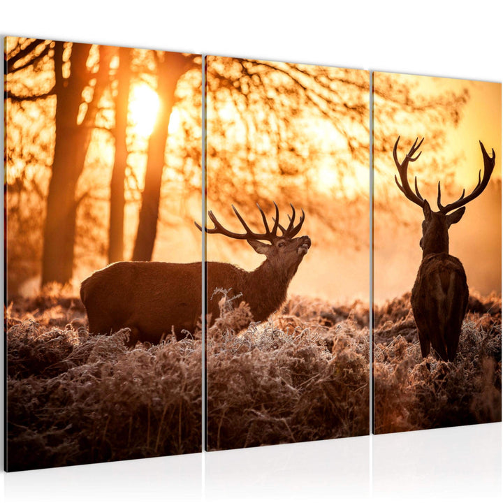 Runa Art Wandbilder Winter Hirsch Bild XXL Wohnzimmer Schlafzimmer Orange Wald Natur 120 x 80 cm 3 T