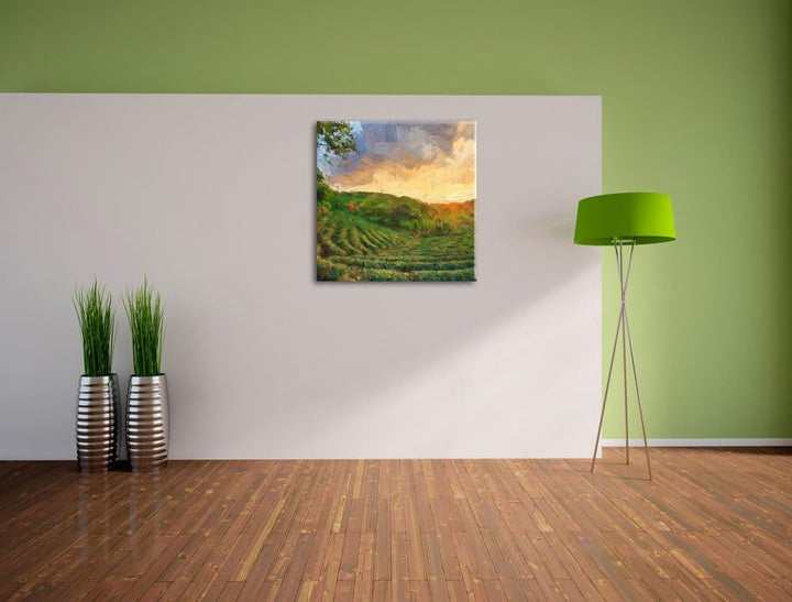 Pixxprint Teeplantage bei Sonnenuntergang Pinsel Effekt, Format: 70x70 auf Leinwand, 70x70