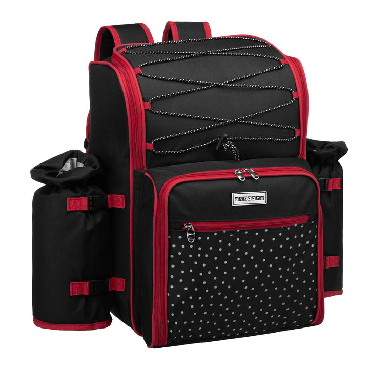 anndora Picknickrucksack 4 Personen schwarz weiss gepunktet + 29-TLG. Zubehör