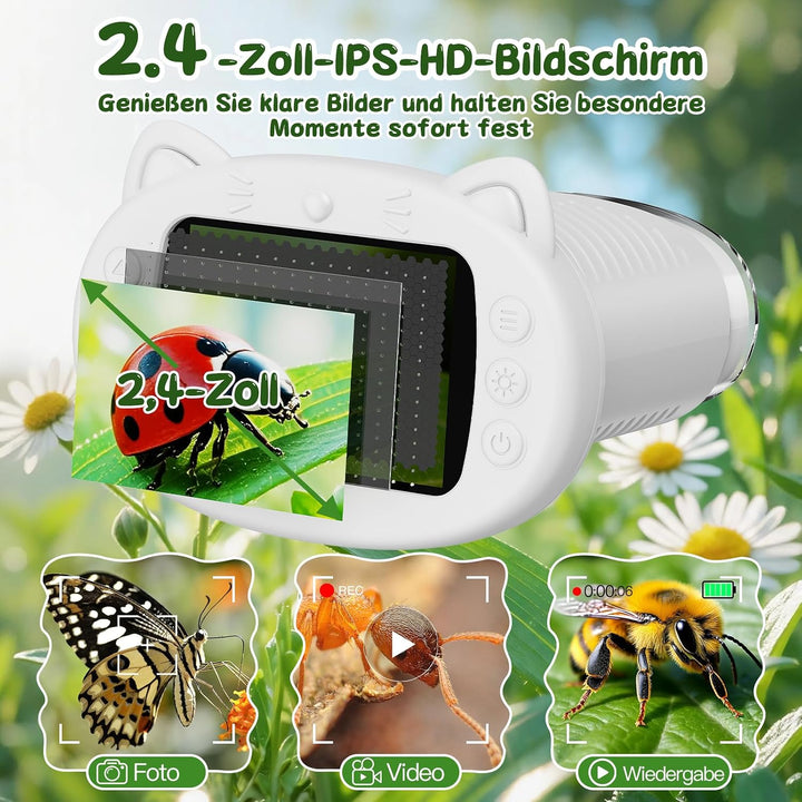 Tragbares Mikroskop für Kinder, 1000x Digitales Handmikroskop Kinder mit 2,4 Zoll IPS Bildschirm, Fo