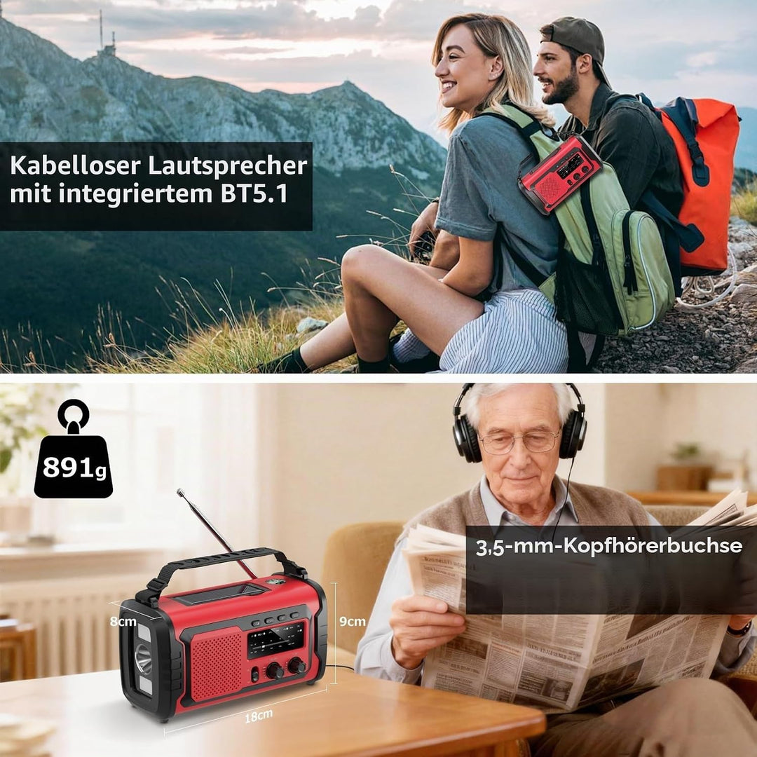 Kurbelradio 27000mAh, Notfallradio Solar Kurbel FM/AM Mit Bluetooth, SOS Alarm Emergency Radio, Kurb
