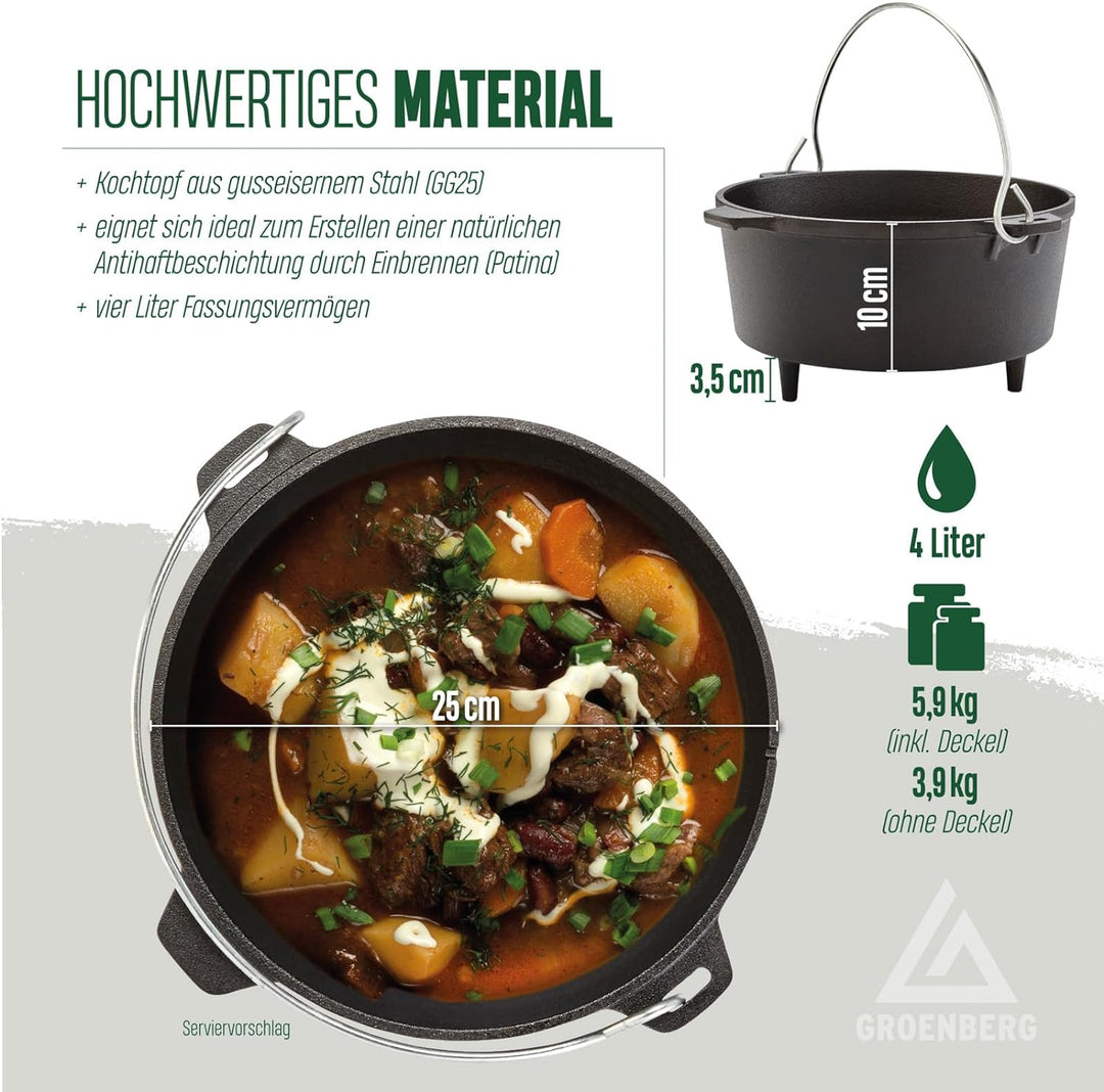 Groenberg Askja Gusseisen Topf Dutch Oven Feuertopf Kochtopf mit Deckel 4L 4 L, 4 L