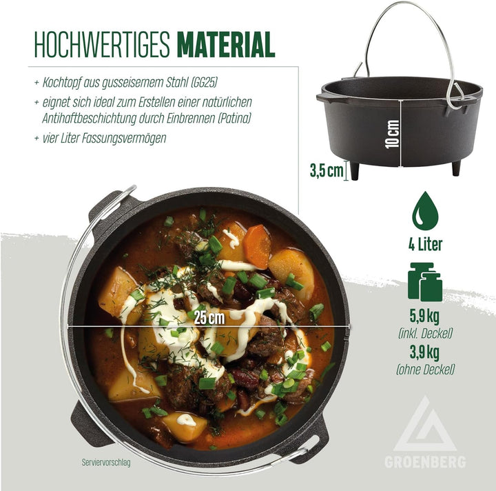 Groenberg Askja Gusseisen Topf Dutch Oven Feuertopf Kochtopf mit Deckel 4L 4 L, 4 L