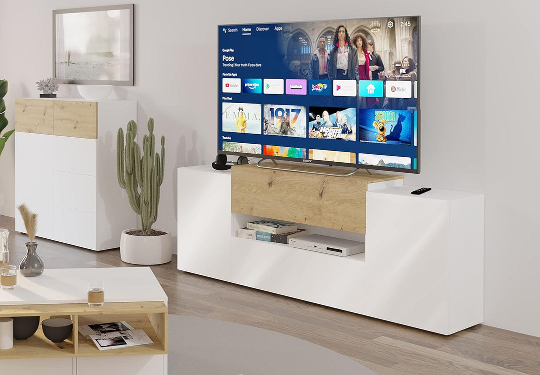 FMD Möbel Olpe TV-Board, Holzwerkstoff, Brillantweiss/Artisan Eiche, rechteckig