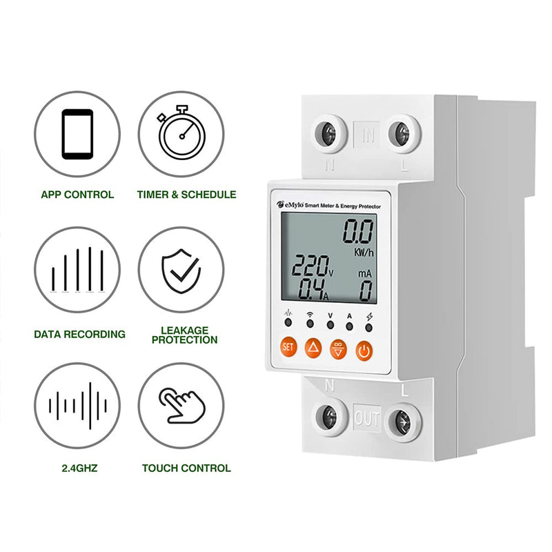 eMylo Smart WIFI Energiemessgerät, Einphasiger DIN-Schienen LCD-Digitalzähler, Leckage-Schutzschalte