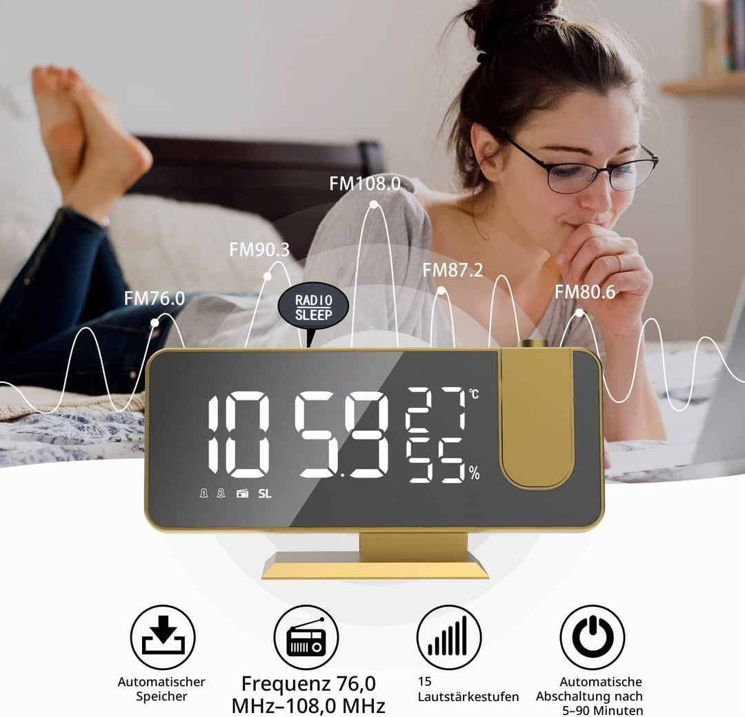 Wecker mit Projektion Radiowecker-Digitaler Projektionswecker mit USB-Anschluss, 7.5 Zoll grosses Sp