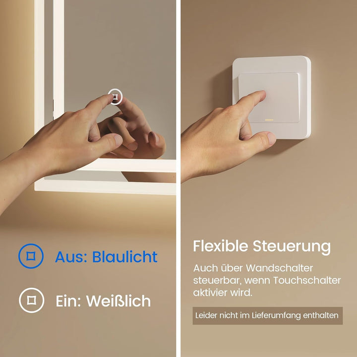 EMKE Badspiegel mit Beleuchtung 80x60cm, Badezimmerspiegel mit 3 Lichtfarben dimmbar, Antibeschlag,