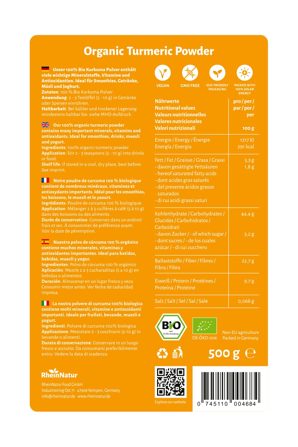 RheinNatur Bio Kurkuma Pulver 500 g - 100% fein gemahlene Kurkumawurzel