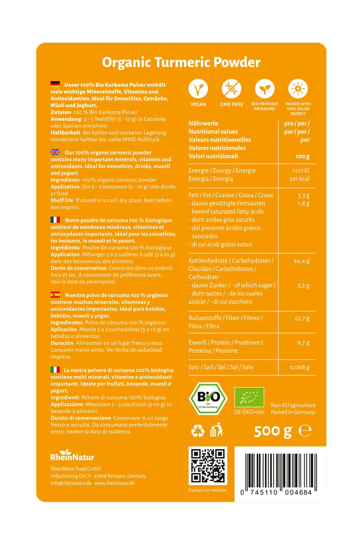 RheinNatur Bio Kurkuma Pulver 500 g - 100% fein gemahlene Kurkumawurzel