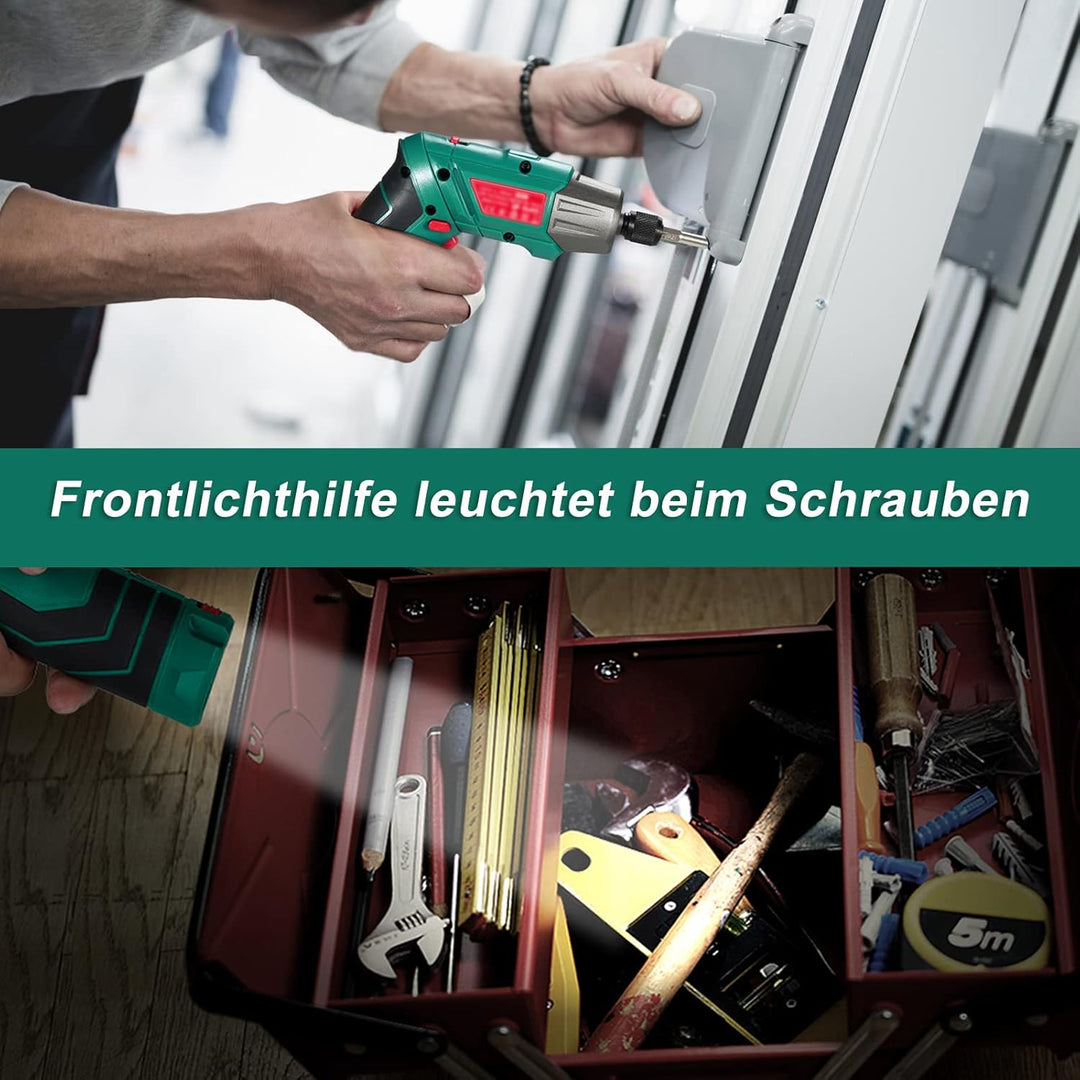 HYCHIKA Akkuschrauber, 6N·m Drehmoment 2000mAh 3,6V Akku mit 35 Zubehörteilen, LED-Licht und Taschen