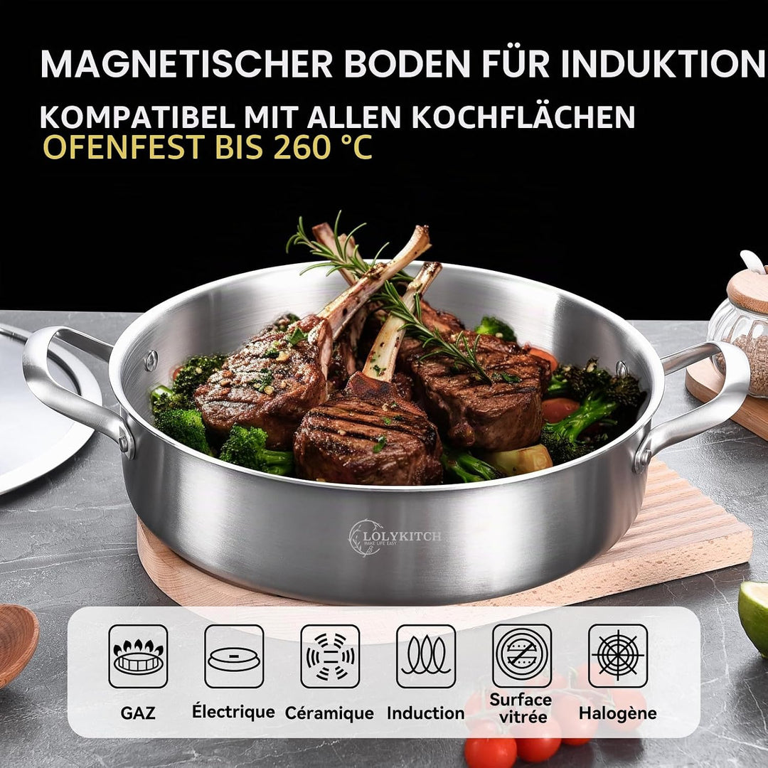 LOLYKITCH Schmorpfanne 26 cm Hoher Rand, Schmortopf mit Deckel 2.5 L, Edelstahl Unbeschichtet, Pfann
