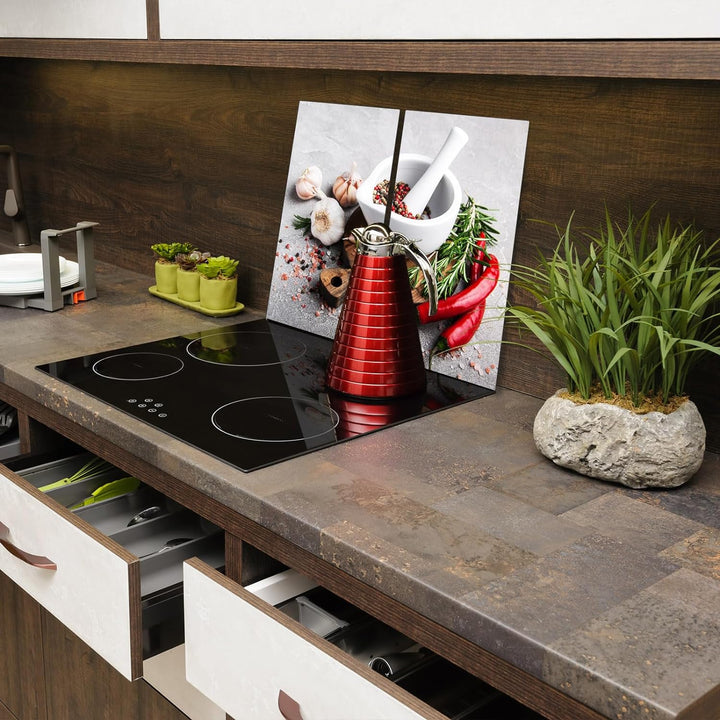 SmartDecoration Herdabdeckplatte Ceranfeldabdeckung aus Glas 2 x 30x52 cm Zweiteilig Motiv "Gewürze"
