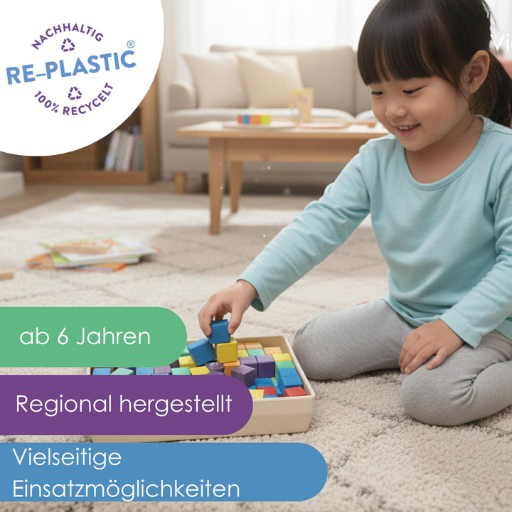 WISSNER® aktiv Lernen – 150 Farbige Würfel 2 cm, RE-Wood, in 6 Farben, nachhaltig & schadstofffrei,