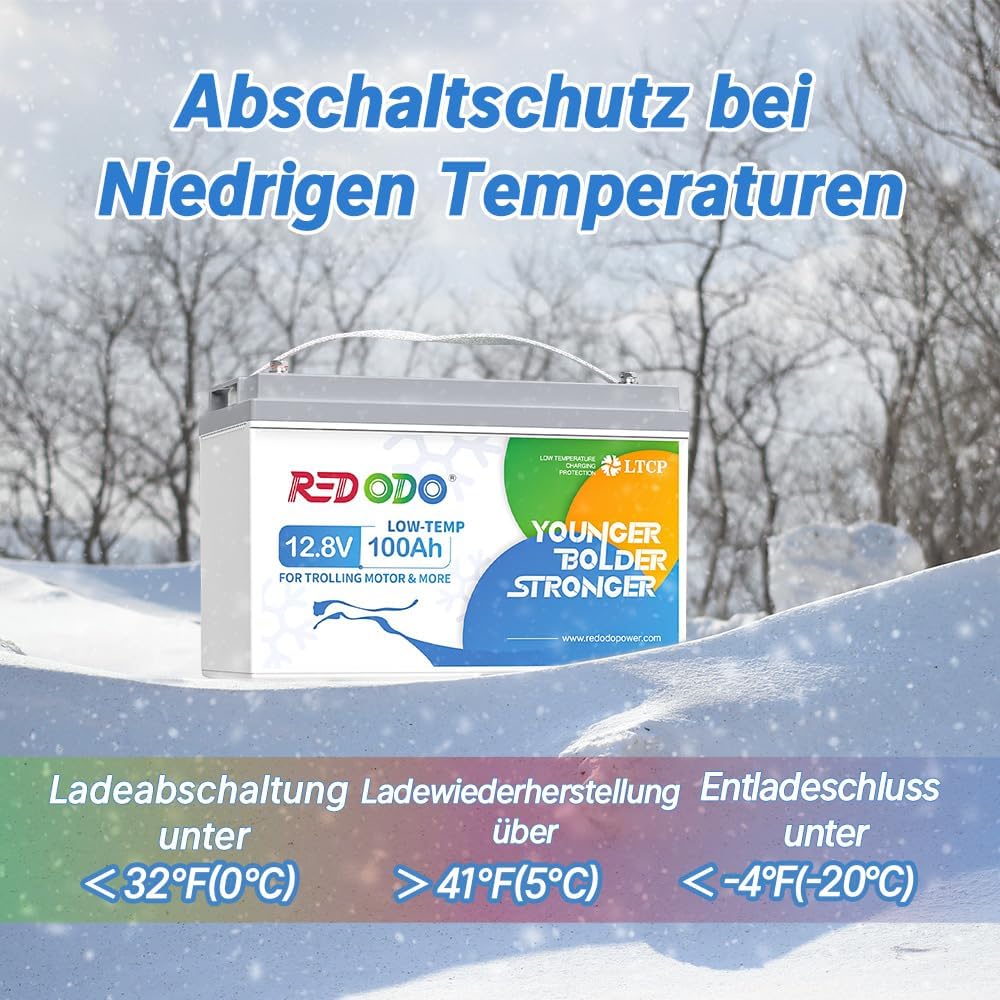 Redodo 12V 100Ah LiFePO4 Batterie mit 20A Ladegerät, Niedertemperaturschutz, Trolling-Motor Batterie