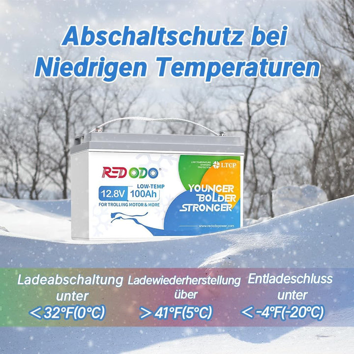 Redodo 12V 100Ah LiFePO4 Batterie mit 20A Ladegerät, Niedertemperaturschutz, Trolling-Motor Batterie