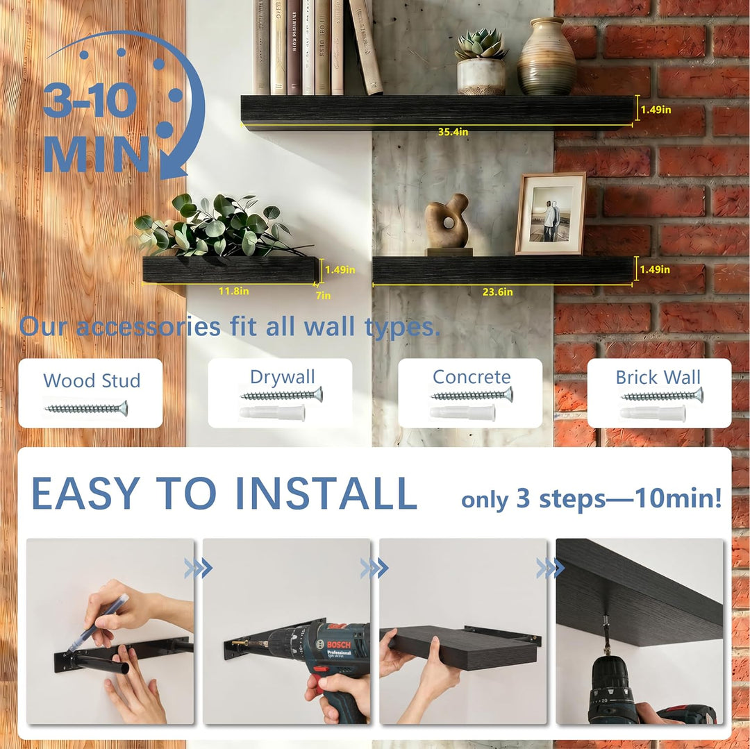 Schweberegale Schwarz 2er Set – Wandboard 90 cm aus Holz mit PVC-Beschichtung, Moderne Wandregale fü
