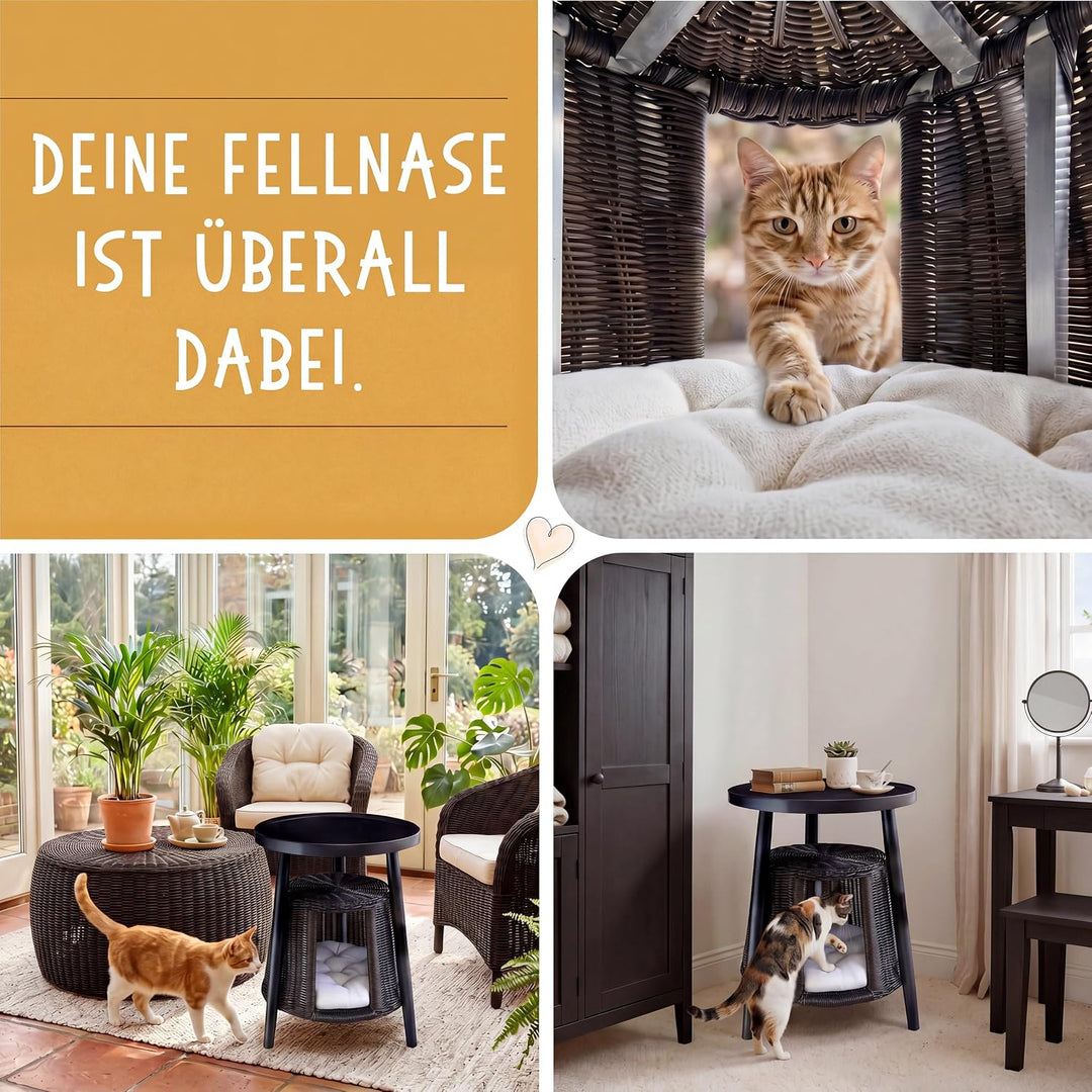 Petigi Katzentisch Beistelltisch Rattan Katzenhöhle Katzenbett Couchtisch | aus Holz und Rattan, Sch