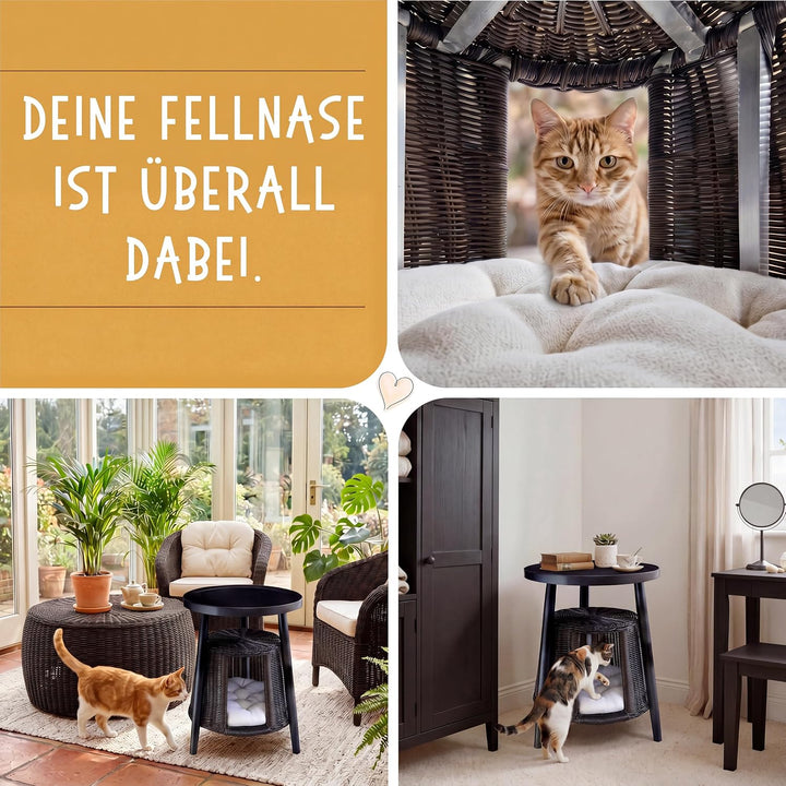 Petigi Katzentisch Beistelltisch Rattan Katzenhöhle Katzenbett Couchtisch | aus Holz und Rattan, Sch