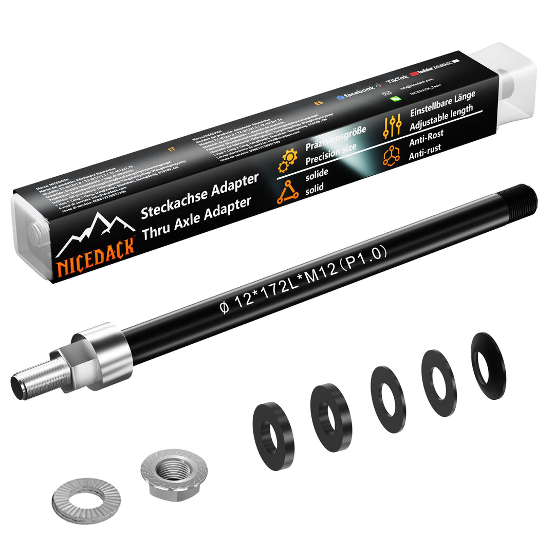Steckachse M12 x 1,0-160-172 mm mit Adapter für Fahrradanhänger Kupplung, Kompatibel mit 142-148 Nab