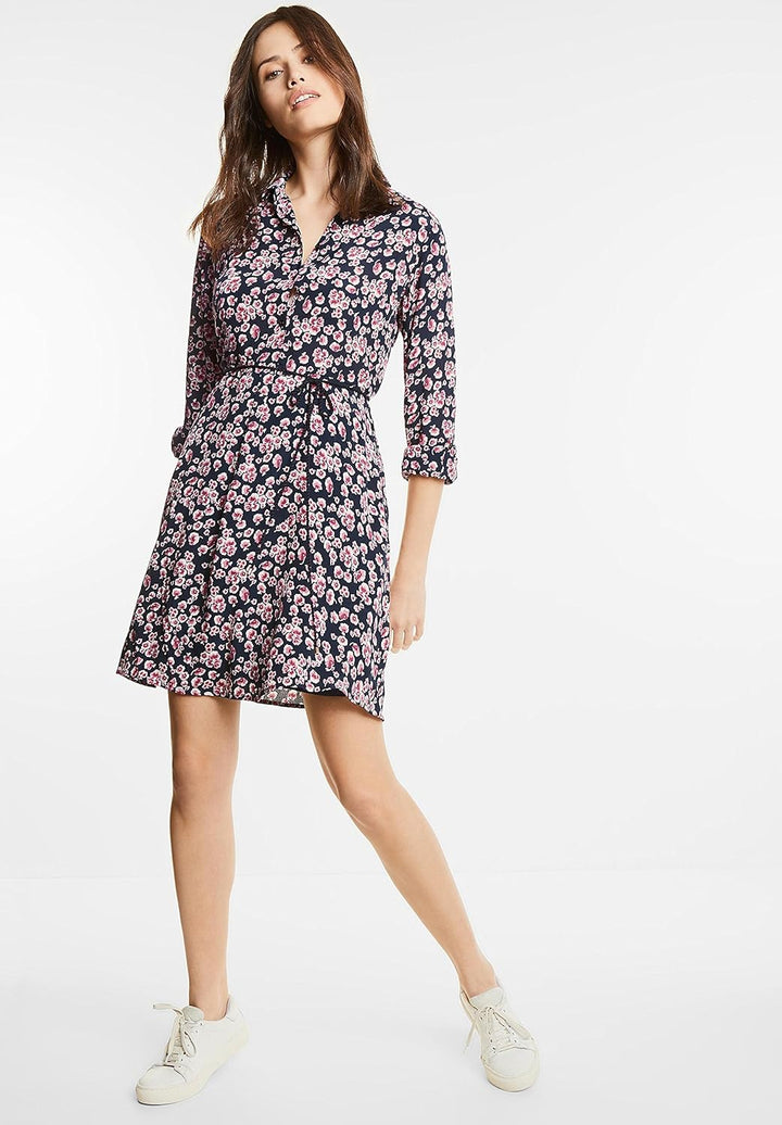 Street One Damen Kleid mit Blumen Muster Farbe: Dunkelblau/Pink/Rosa/Weiss Gr. 38 Kleid mit Langen A