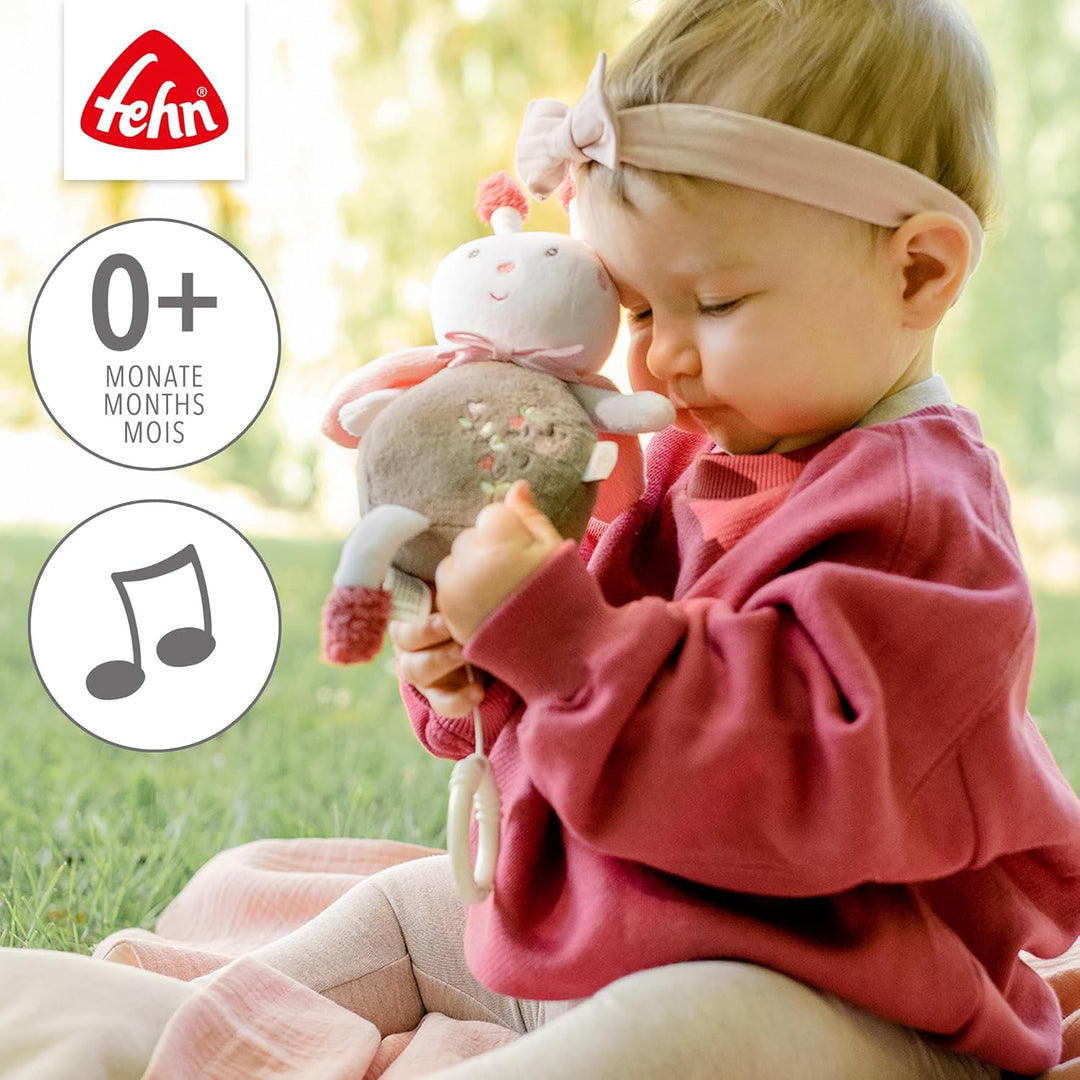 Fehn Spieluhr Baby Einschlafhilfe Biene - Kuscheltier mit Befestigung - Einschlafhilfe Melodie Weiss