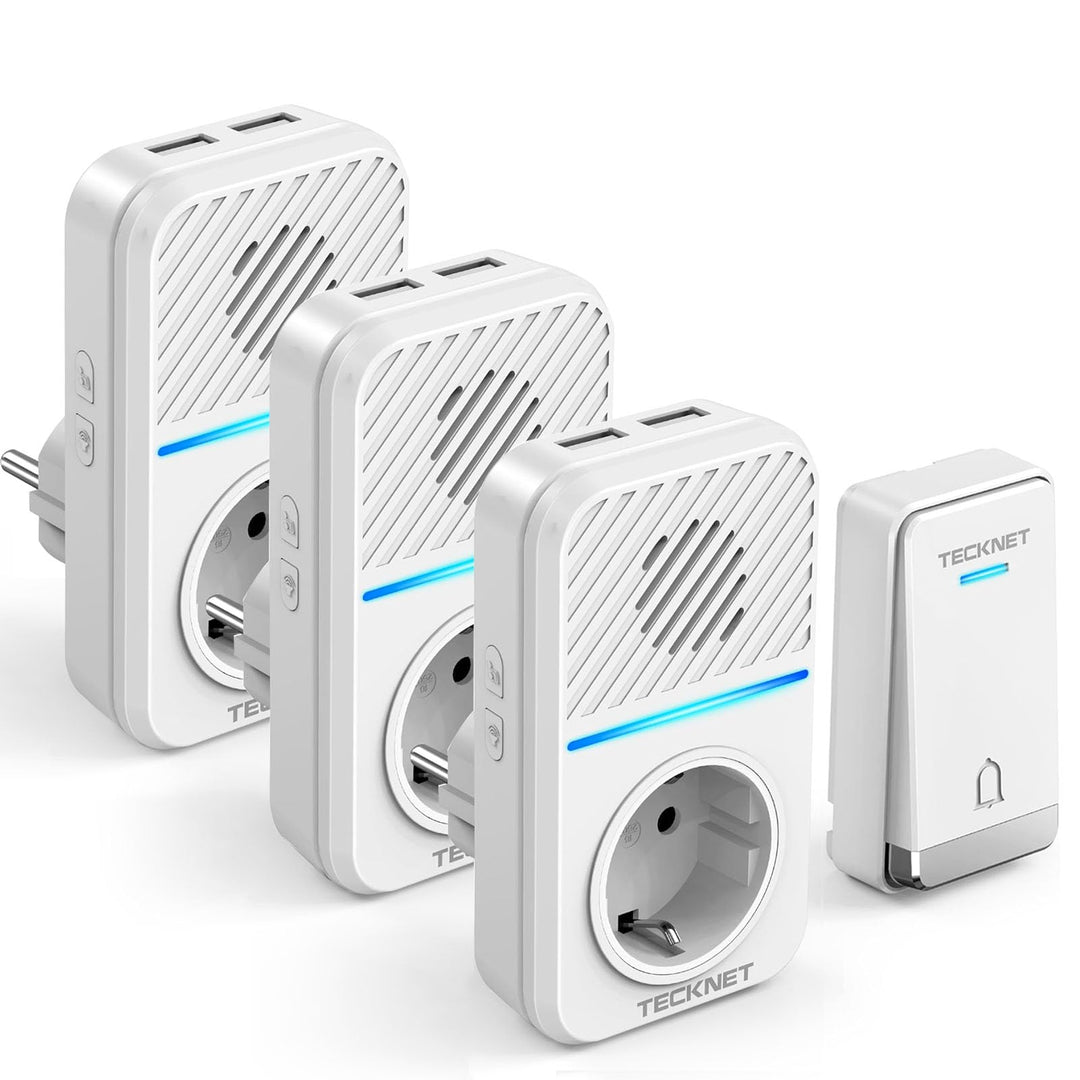 TECKNET IP65 Funkklingel Batterielosel IP65 400M mit 3 EU-Steckdosen 6 USB | 60 Melodien, 5 Lautstär