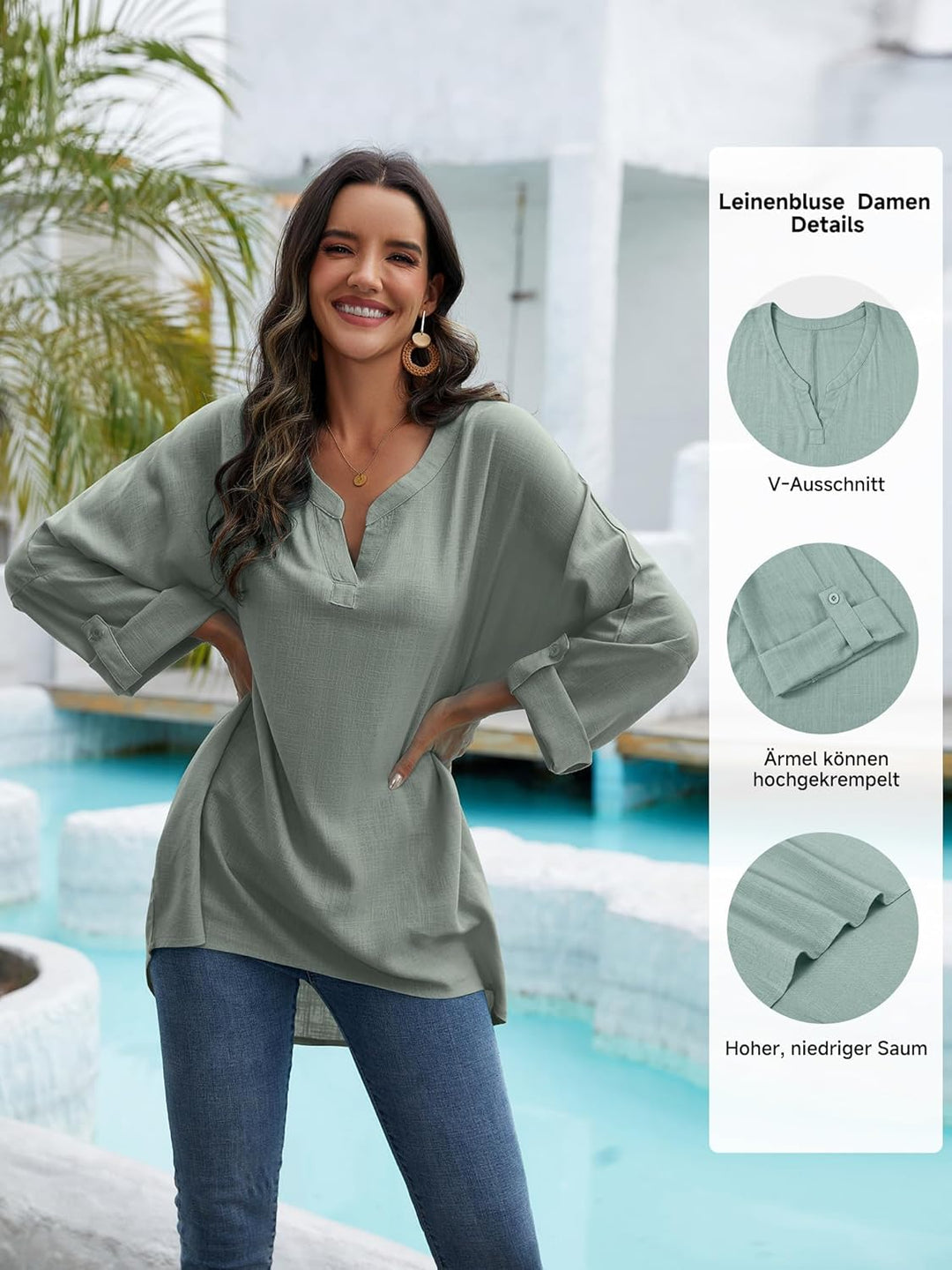 Tincini Leinenbluse Damen Bluse Damen Sommer Tunika V-Ausschnitt Grosse Grössen Blusenshirt Damen La