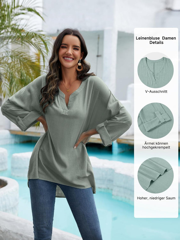 Tincini Leinenbluse Damen Bluse Damen Sommer Tunika V-Ausschnitt Grosse Grössen Blusenshirt Damen La