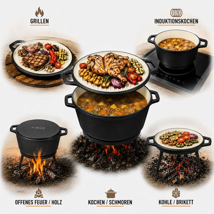 HAGE Emailierter Gusseisen Kessel 8L mit Grillpfanne Dutch Oven Feuertopf Gulaschkessel für Lagerfeu