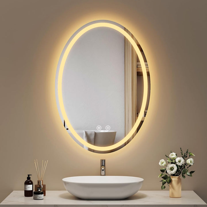 EMKE Badspiegel mit Beleuchtung oval 60x80cm, Badezimmerspiegel mit 3 Lichtfarben Dimmbar, Antibesch