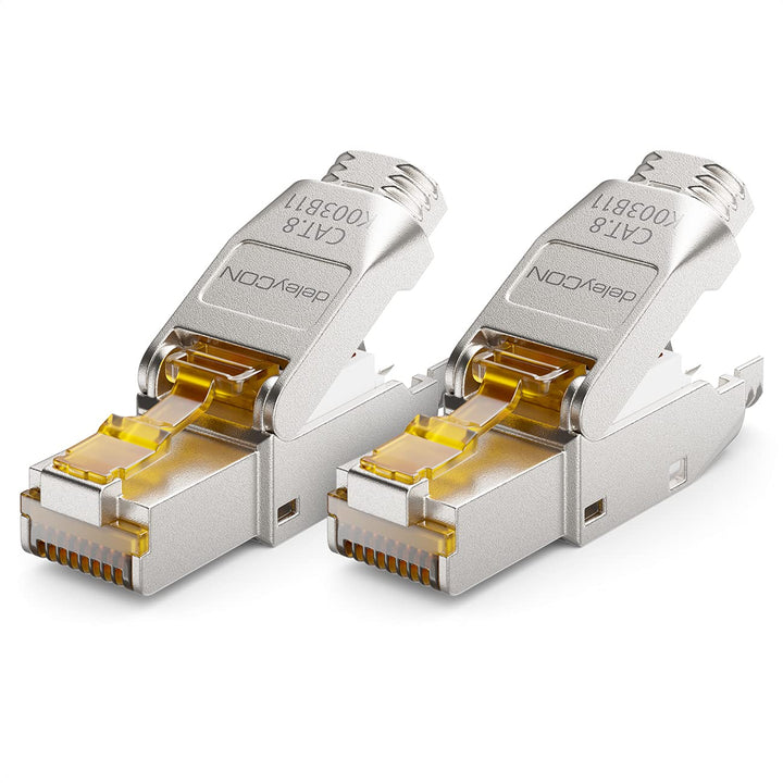 deleyCON 2x CAT 8 Netzwerkstecker RJ45 Werkzeuglos Geschirmt 40 Gbit/s Netzwerk Stecker für Starre V