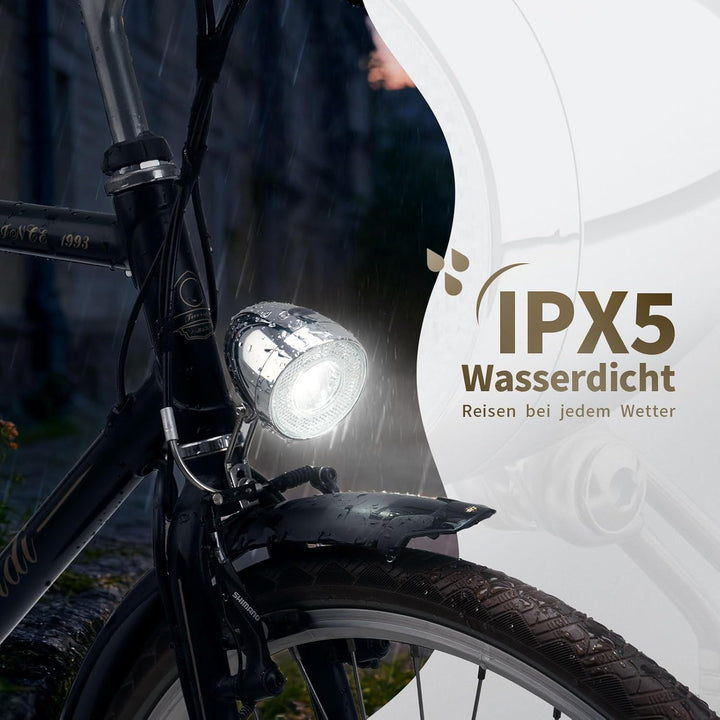 Retro LED Fahrradlicht Vorne, 30 LUX Fahrrad Frontlicht mit 100% / 50% Lichtleistung und 4X AAA Batt