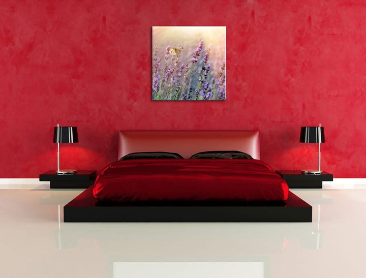 Pixxprint Schmetterlinge auf Lavendelblumen, Format: 70x70 auf Leinwand, 70x70