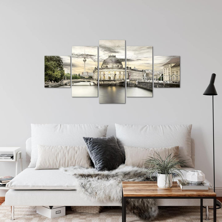 Runa Art Wandbilder Berlin 5 Teilig Bild auf Vlies Leinwand Deko Wohnzimmer Büro Fernsehturm Beige S