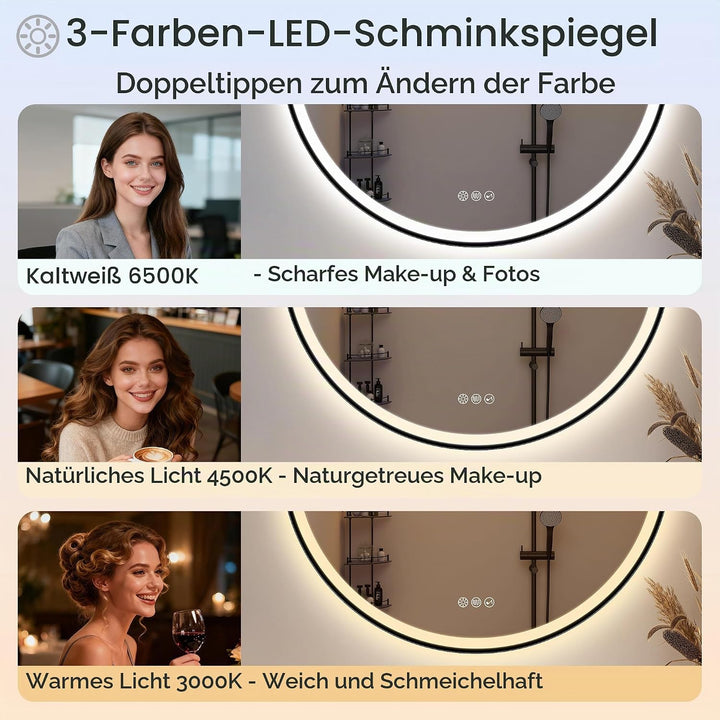 STARLEAD Badspiegel-Rund-mit-Beleuchtung 70cm Diameter, LED-Spiegel-Rund mit Bluetooth, Dimmbar, 3 L