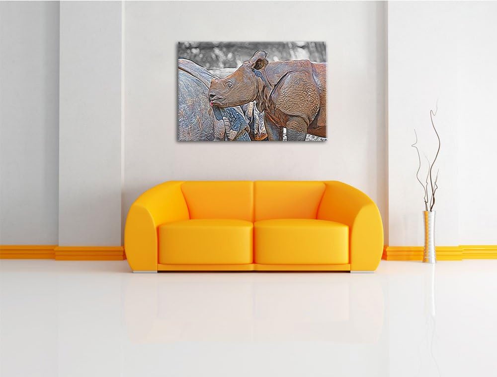 junges Nashorn schwarz/weiss Deluxe Format: 100x70 cm auf Leinwand, XXL riesige Bilder fertig gerahm